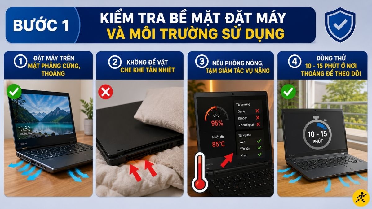 Kiểm tra bề mặt đặt máy và môi trường sử dụng Kiểm tra bề mặt đặt máy và môi trường sử dụng