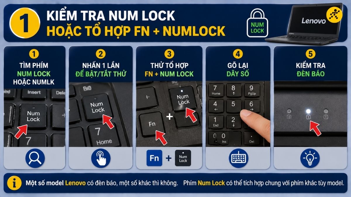 Kiểm tra Num Lock hoặc tổ hợp Fn + NumLock Kiểm tra Num Lock hoặc tổ hợp Fn + NumLock