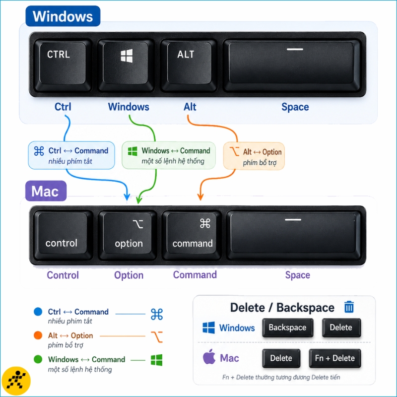 Khác biệt giữa các phím bổ trợ trên bàn phím Windows và Mac Khác biệt giữa các phím bổ trợ trên bàn phím Windows và Mac