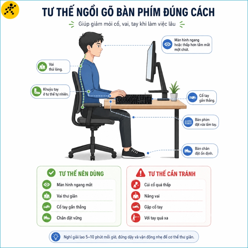 Đặt bàn phím và cổ tay ở tư thế thoải mái khi làm việc Đặt bàn phím và cổ tay ở tư thế thoải mái khi làm việc