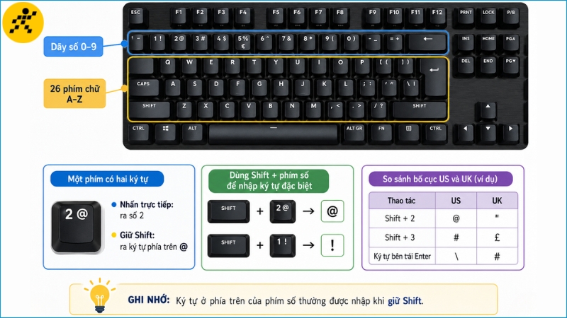 Khu vực phím chữ, phím số và ký tự đặc biệt trên bàn phím Khu vực phím chữ, phím số và ký tự đặc biệt trên bàn phím