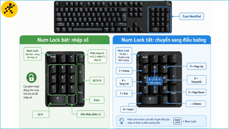 Chức năng các phím NumPad khi bật và tắt Num Lock Chức năng các phím NumPad khi bật và tắt Num Lock