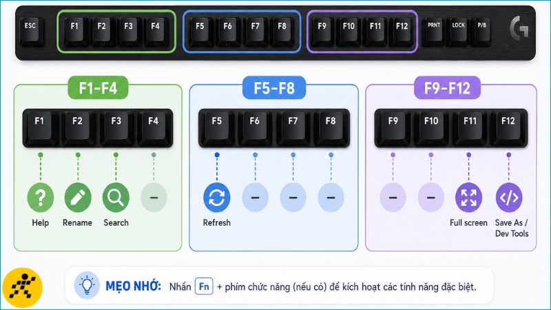 Dãy phím chức năng F1 đến F12 trên bàn phím máy tính Dãy phím chức năng F1 đến F12 trên bàn phím máy tính