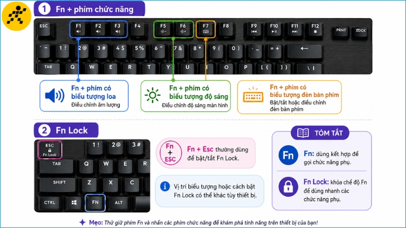 Fn kích hoạt chức năng phụ, còn Fn Lock chuyển chế độ hàng phím F Fn kích hoạt chức năng phụ, còn Fn Lock chuyển chế độ hàng phím F
