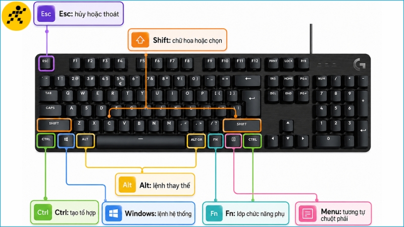 Vị trí các phím Esc, Ctrl, Alt, Shift, Windows, Fn và Menu Vị trí các phím Esc, Ctrl, Alt, Shift, Windows, Fn và Menu