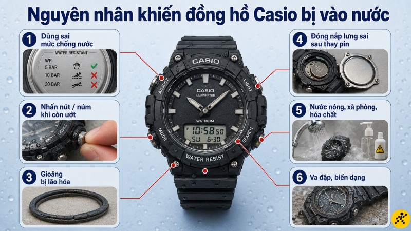 Nguyên nhân khiến đồng hồ Casio bị vào nước Nguyên nhân khiến đồng hồ Casio bị vào nước