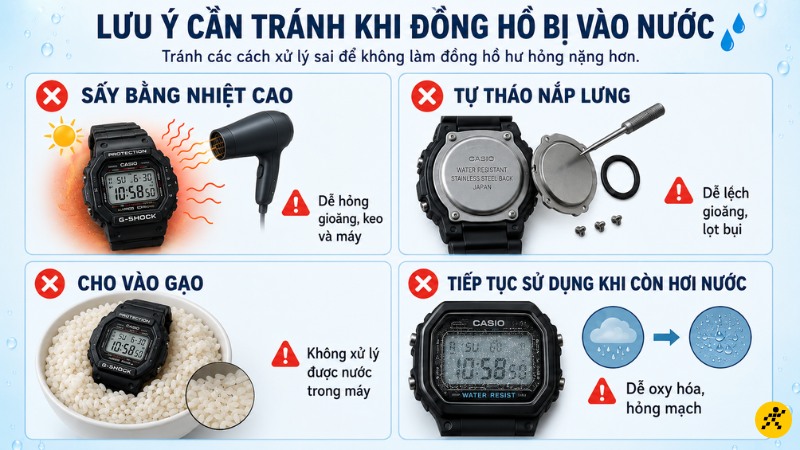 Lưu ý cần tránh khi đồng hồ bị vào nước Lưu ý cần tránh khi đồng hồ bị vào nước
