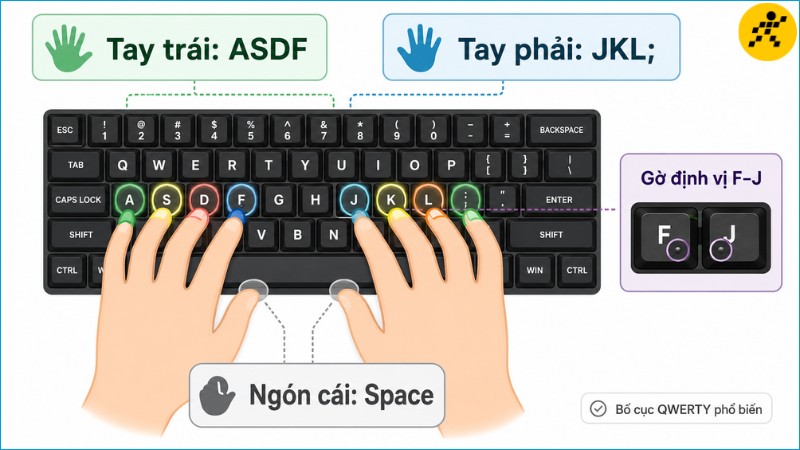 Hàng phím cơ sở giúp hai bàn tay duy trì vị trí nghỉ ổn định khi gõ Hàng phím cơ sở giúp hai bàn tay duy trì vị trí nghỉ ổn định khi gõ