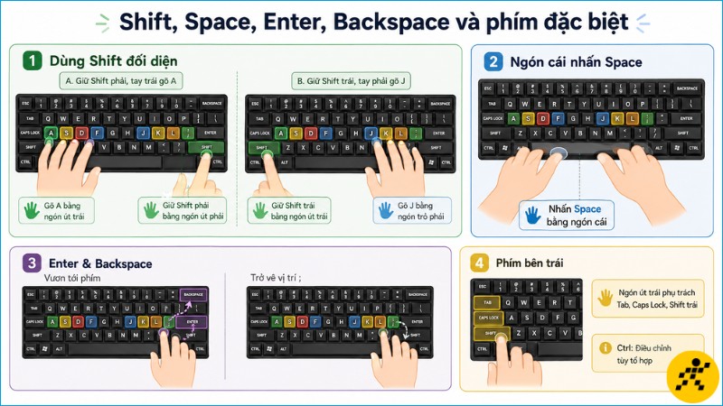 Shift nên được giữ bằng tay đối diện, còn Space chủ yếu do ngón cái phụ trách Shift nên được giữ bằng tay đối diện, còn Space chủ yếu do ngón cái phụ trách