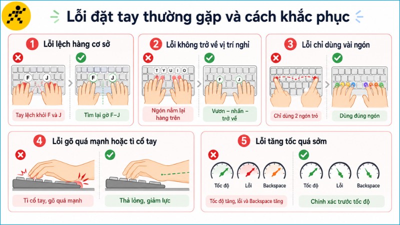 Nhận biết sớm các lỗi đặt tay giúp người học tránh hình thành phản xạ gõ sai Nhận biết sớm các lỗi đặt tay giúp người học tránh hình thành phản xạ gõ sai