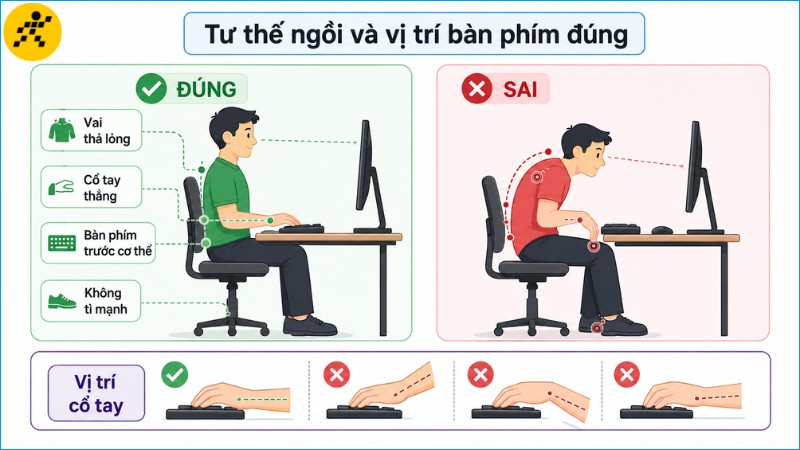 Tư thế phù hợp giúp vai, cánh tay và cổ tay thoải mái hơn khi gõ Tư thế phù hợp giúp vai, cánh tay và cổ tay thoải mái hơn khi gõ