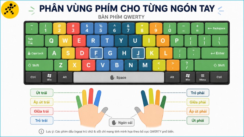 Mỗi ngón tay phụ trách một vùng cố định trên bàn phím QWERTY Mỗi ngón tay phụ trách một vùng cố định trên bàn phím QWERTY