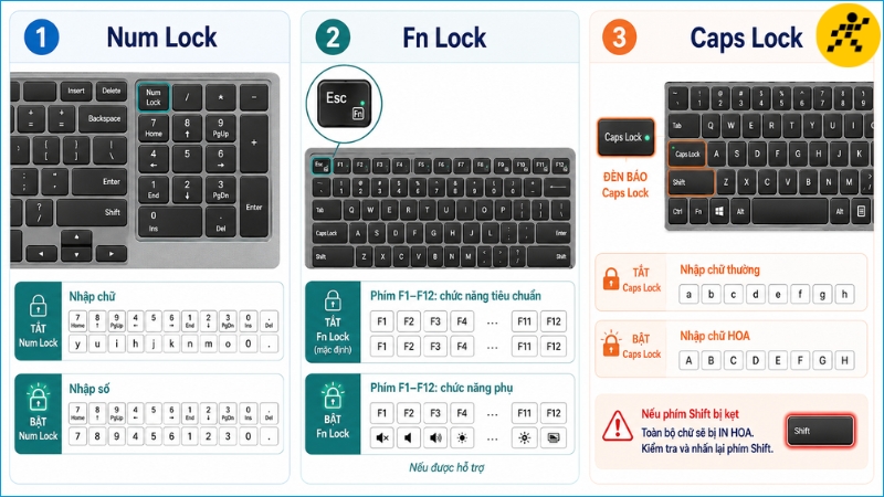 Num Lock, Fn Lock và Caps Lock chỉ thay đổi chức năng của một số phím Num Lock, Fn Lock và Caps Lock chỉ thay đổi chức năng của một số phím