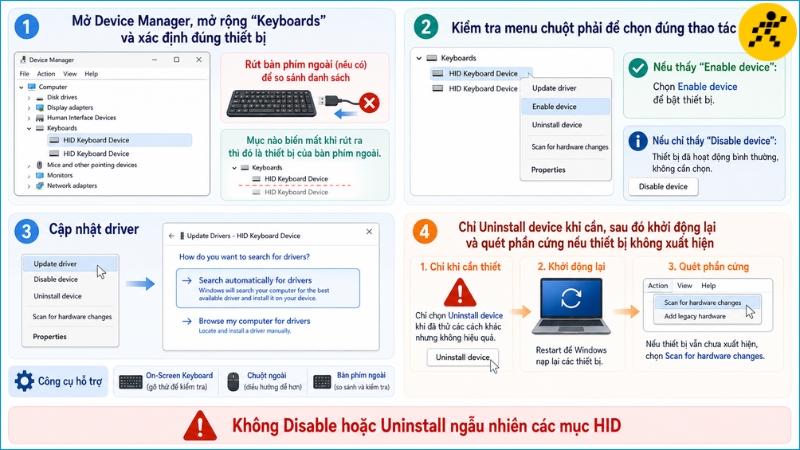 Xác định đúng bàn phím trước khi bật lại, cập nhật hoặc cài lại driver Xác định đúng bàn phím trước khi bật lại, cập nhật hoặc cài lại driver