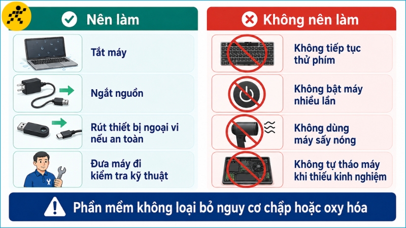 Khi laptop bị vào nước, cần ngắt nguồn và tránh tiếp tục thử bàn phím Khi laptop bị vào nước, cần ngắt nguồn và tránh tiếp tục thử bàn phím