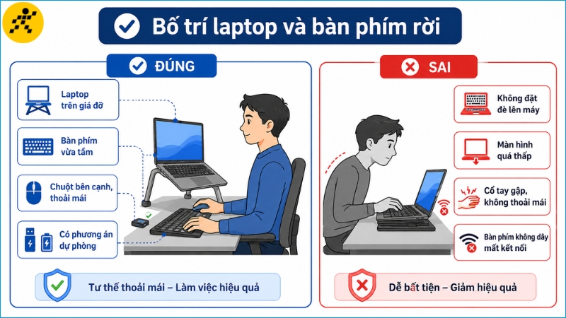 Không đặt bàn phím rời trực tiếp lên bàn phím tích hợp của laptop Không đặt bàn phím rời trực tiếp lên bàn phím tích hợp của laptop