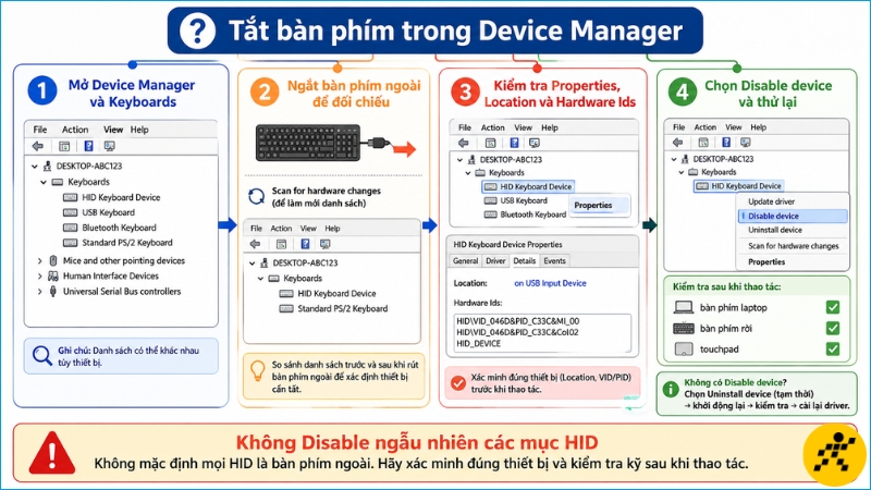 Xác định đúng bàn phím tích hợp trước khi chọn Disable device Xác định đúng bàn phím tích hợp trước khi chọn Disable device