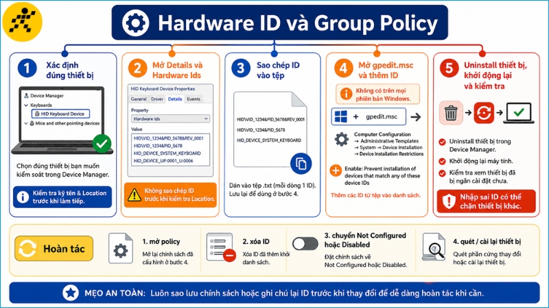 Group Policy chỉ an toàn khi Hardware ID của bàn phím tích hợp được xác định chính xác Group Policy chỉ an toàn khi Hardware ID của bàn phím tích hợp được xác định chính xác