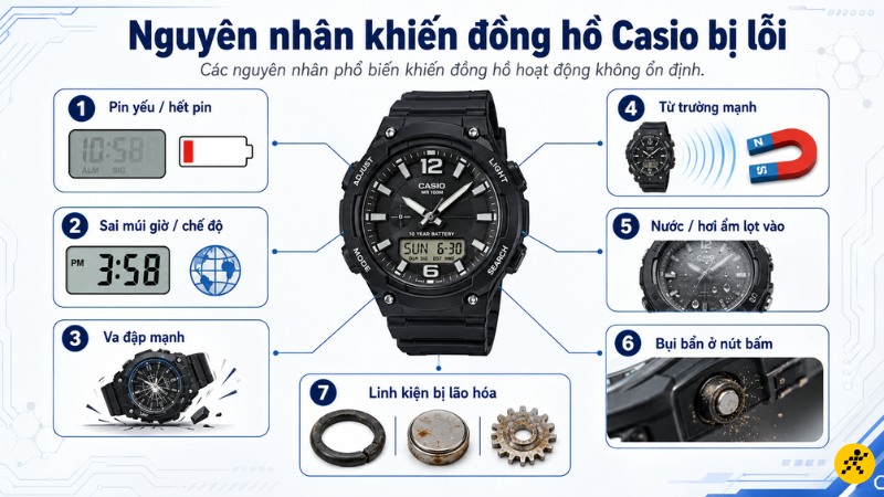Nguyên nhân đồng hồ Casio bị lỗi Nguyên nhân đồng hồ Casio bị lỗi