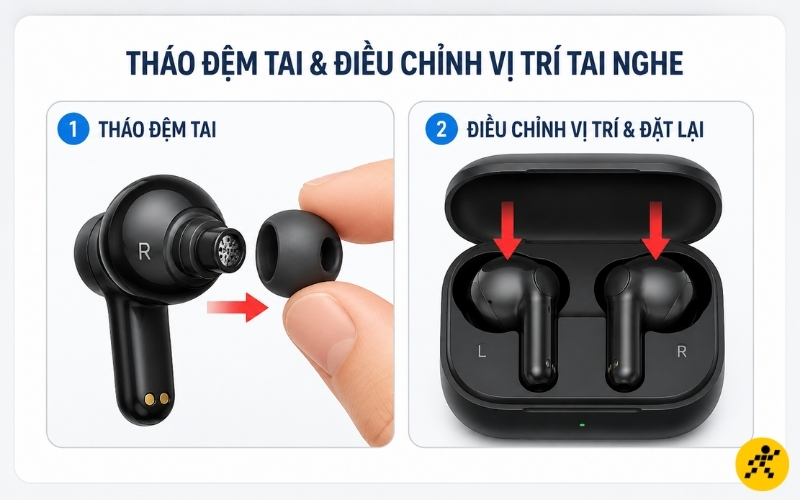 Tháo đệm tai và điều chỉnh vị trí đặt tai nghe Tháo đệm tai và điều chỉnh vị trí đặt tai nghe