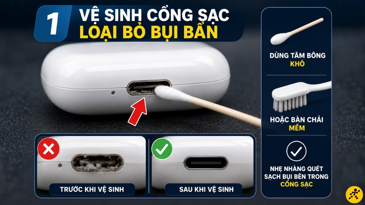 Dùng tăm bông khô hoặc bàn chải mềm làm sạch nhẹ nhàng Dùng tăm bông khô hoặc bàn chải mềm làm sạch nhẹ nhàng