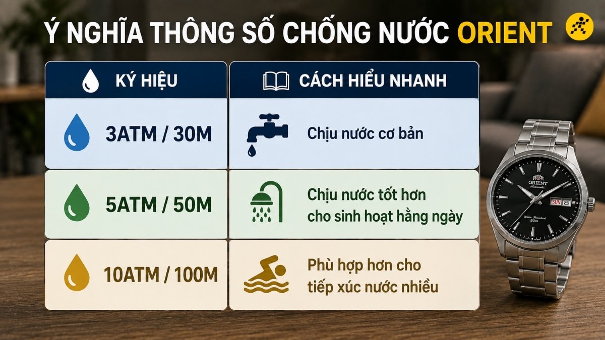 Ý nghĩa các ký hiệu chống nước trên đồng hồ Orient Ý nghĩa các ký hiệu chống nước trên đồng hồ Orient