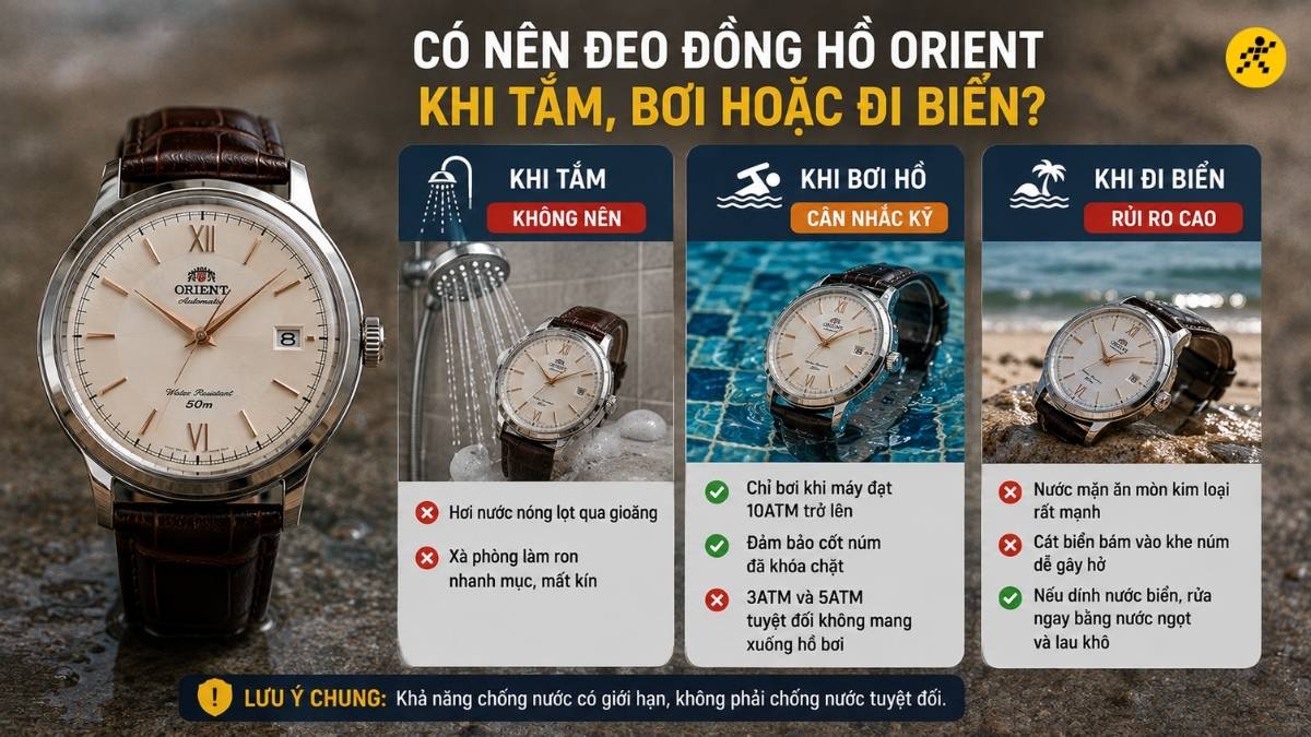Đeo đồng hồ Orient khi tắm, bơi hoặc đi biển Đeo đồng hồ Orient khi tắm, bơi hoặc đi biển