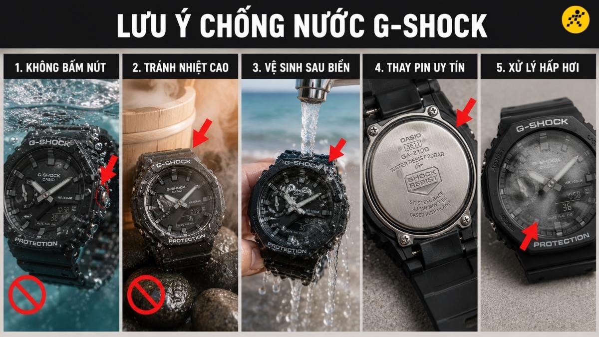 Lưu ý để duy trì khả năng chống nước cho G-Shock Lưu ý để duy trì khả năng chống nước cho G-Shock