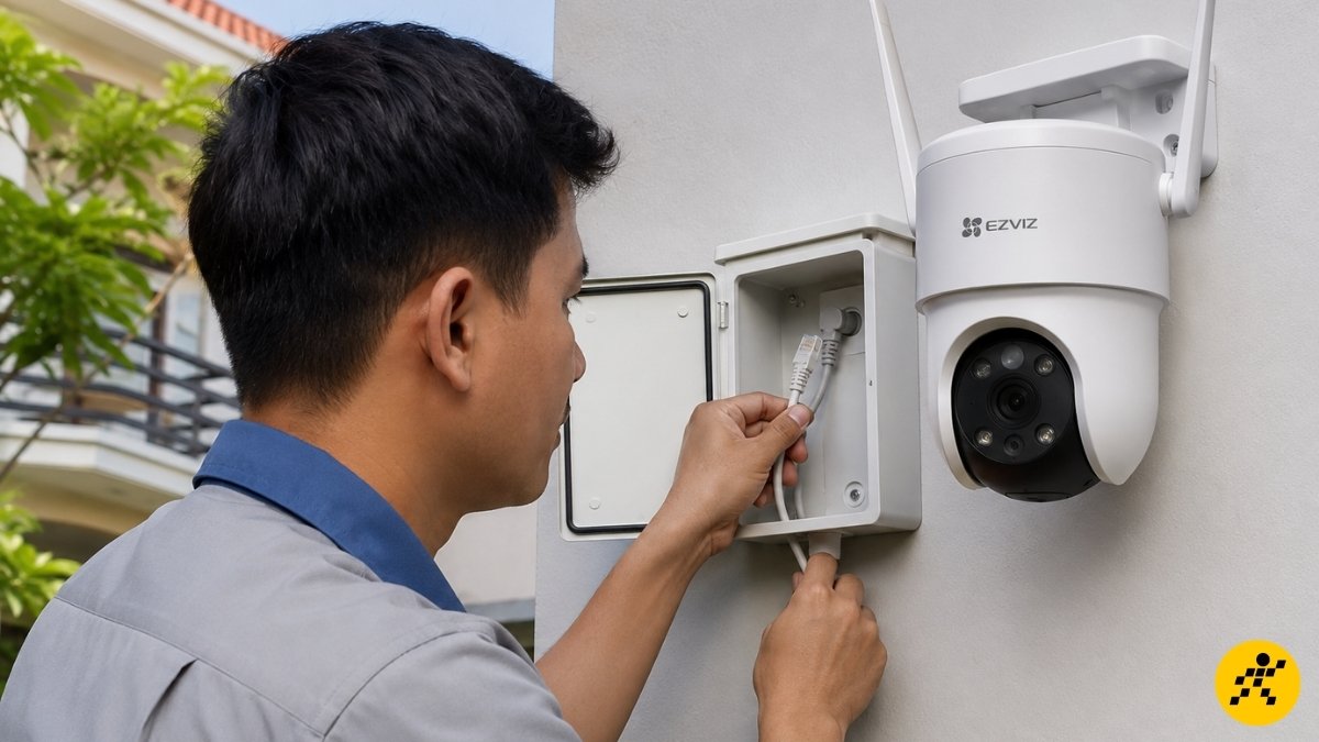 Luồn toàn bộ phần jack nguồn và jack LAN vào trong hộp kỹ thuật Luồn toàn bộ phần jack nguồn và jack LAN vào trong hộp kỹ thuật