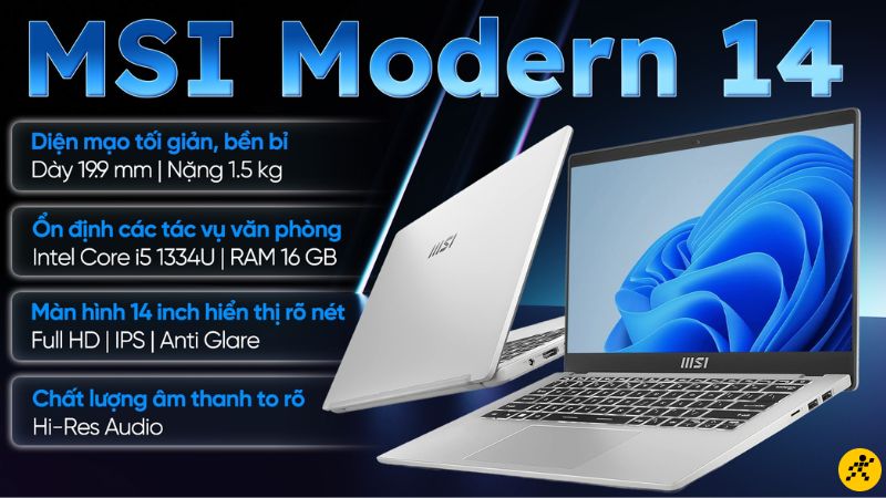 Laptop MSI Modern 14 F13MG - 466VN có trọng lượng 1.5 kg và độ mỏng dưới 20 mm Laptop MSI Modern 14 F13MG - 466VN có trọng lượng 1.5 kg và độ mỏng dưới 20 mm
