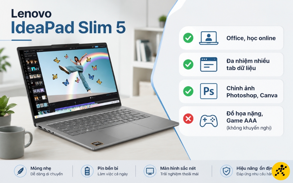 Lenovo IdeaPad Slim 5 không phù hợp cho gaming hoặc đồ họa nặng Lenovo IdeaPad Slim 5 không phù hợp cho gaming hoặc đồ họa nặng