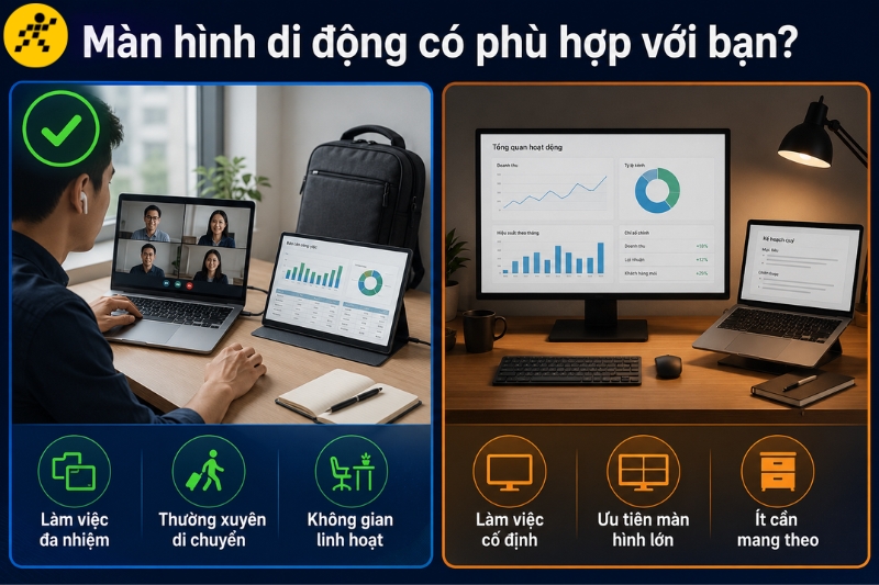 Màn hình di động phù hợp với người thường xuyên đa nhiệm và thay đổi địa điểm làm việc Màn hình di động phù hợp với người thường xuyên đa nhiệm và thay đổi địa điểm làm việc