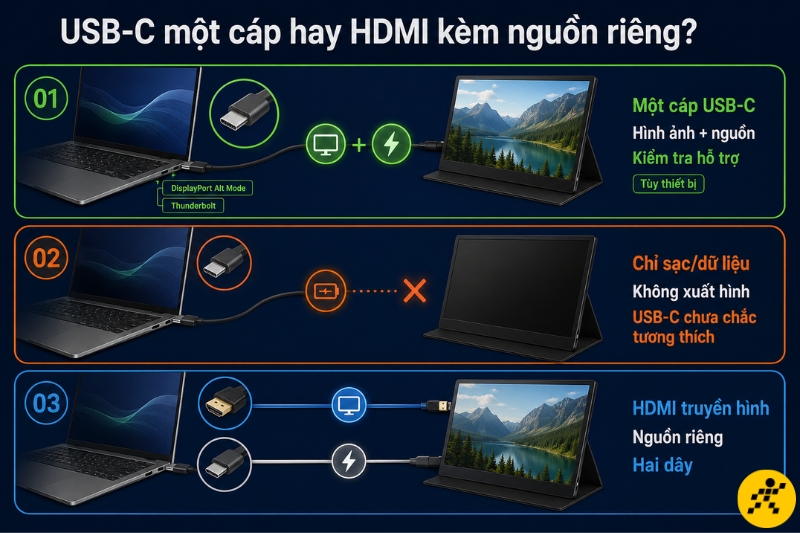 USB-C chỉ kết nối một cáp khi laptop và màn hình cùng hỗ trợ truyền hình ảnh và cấp nguồn phù hợp USB-C chỉ kết nối một cáp khi laptop và màn hình cùng hỗ trợ truyền hình ảnh và cấp nguồn phù hợp