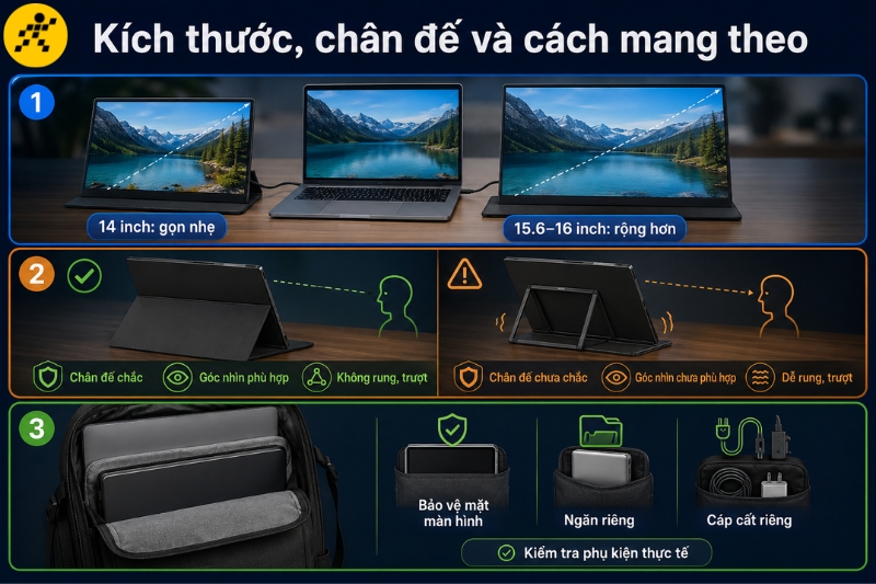 Kích thước phù hợp, chân đế chắc và cách bảo vệ mặt hiển thị quyết định tính tiện dụng khi mang theo Kích thước phù hợp, chân đế chắc và cách bảo vệ mặt hiển thị quyết định tính tiện dụng khi mang theo