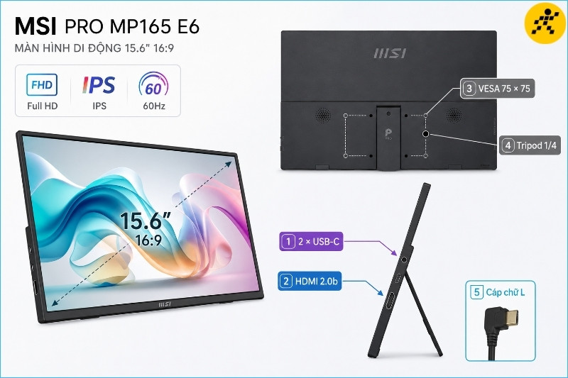 Các cổng USB-C, HDMI và điểm lắp đặt giúp MSI Pro MP165 E6 thích ứng với nhiều cách sử dụng Các cổng USB-C, HDMI và điểm lắp đặt giúp MSI Pro MP165 E6 thích ứng với nhiều cách sử dụng