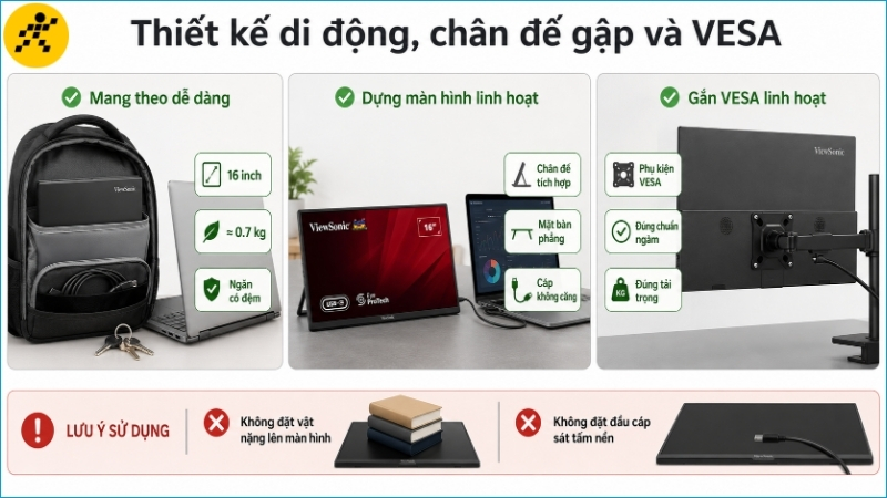 Chân đế gập và khả năng gắn VESA giúp màn hình linh hoạt hơn khi di chuyển hoặc làm việc cố định Chân đế gập và khả năng gắn VESA giúp màn hình linh hoạt hơn khi di chuyển hoặc làm việc cố định