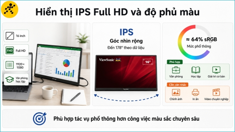 Màn hình IPS Full HD phù hợp với công việc phổ thông, nhưng độ phủ màu không hướng đến đồ họa chuyên nghiệp Màn hình IPS Full HD phù hợp với công việc phổ thông, nhưng độ phủ màu không hướng đến đồ họa chuyên nghiệp