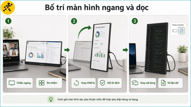 Chế độ ngang phù hợp đa nhiệm, còn chế độ dọc thuận tiện khi đọc mã nguồn và tài liệu dài Chế độ ngang phù hợp đa nhiệm, còn chế độ dọc thuận tiện khi đọc mã nguồn và tài liệu dài