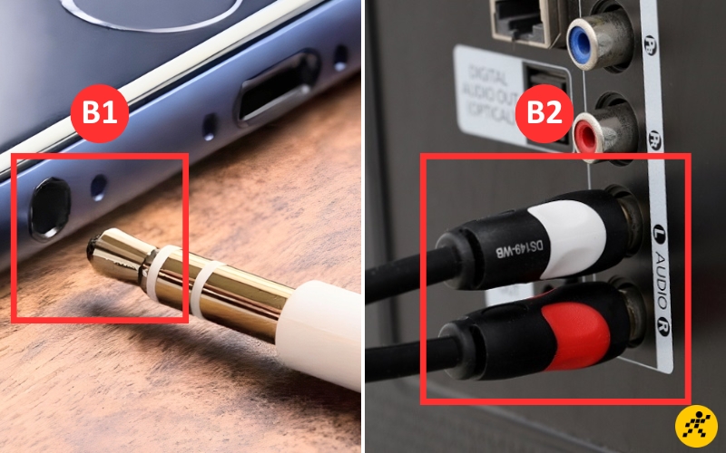 Kết nối cáp hoa sen RCA giữa điện thoại và loa máy tính Kết nối cáp hoa sen RCA giữa điện thoại và loa máy tính