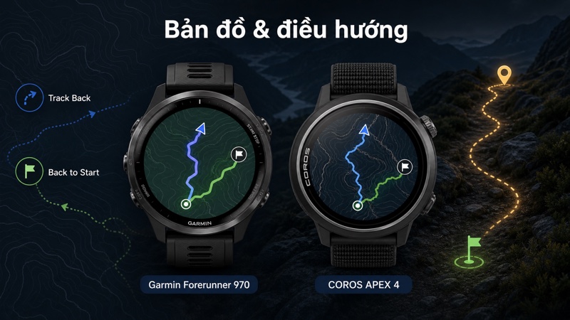 Garmin Forerunner 970 và COROS APEX 4 hiển thị bản đồ điều hướng Garmin Forerunner 970 và COROS APEX 4 hiển thị bản đồ điều hướng