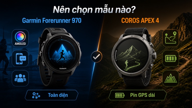 So sánh nhanh Garmin Forerunner 970 và COROS APEX 4 theo nhu cầu sử dụng So sánh nhanh Garmin Forerunner 970 và COROS APEX 4 theo nhu cầu sử dụng