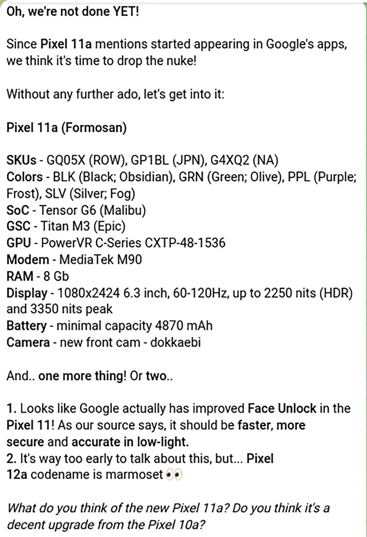 Rò Rỉ Cấu Hình Google Pixel 11A