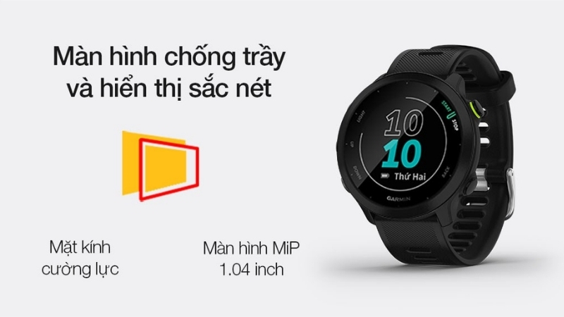Garmin Forerunner 55 sử dụng kính cường lực và tấm nền MIP Garmin Forerunner 55 sử dụng kính cường lực và tấm nền MIP