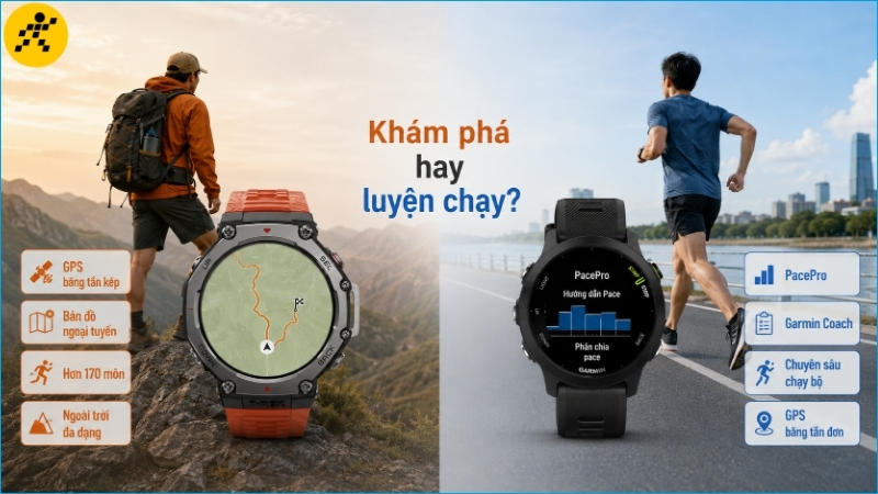 T-Rex 3 mạnh về định vị ngoài trời, còn Forerunner 55 tập trung vào giáo án và chiến thuật chạy T-Rex 3 mạnh về định vị ngoài trời, còn Forerunner 55 tập trung vào giáo án và chiến thuật chạy