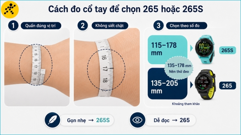 Đo chu vi cổ tay đúng vị trí giúp thu hẹp lựa chọn giữa Forerunner 265 và 265S Đo chu vi cổ tay đúng vị trí giúp thu hẹp lựa chọn giữa Forerunner 265 và 265S