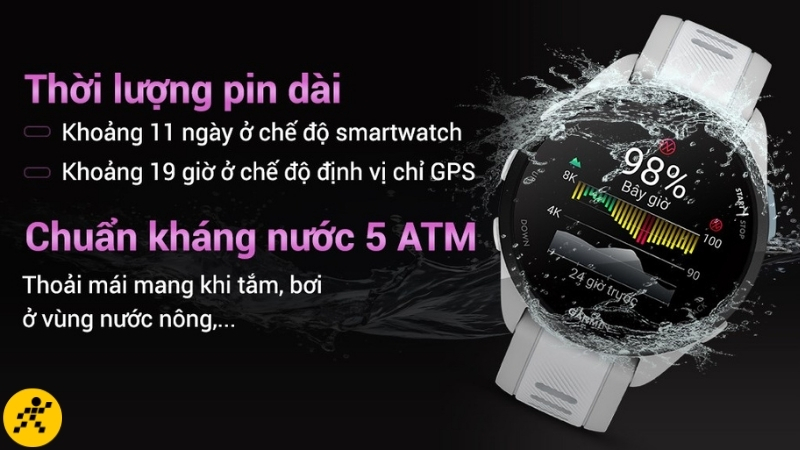 Pin tối đa 11 ngày, hỗ trợ khoảng 19 giờ GPS cho các buổi chạy dài thông thường Pin tối đa 11 ngày, hỗ trợ khoảng 19 giờ GPS cho các buổi chạy dài thông thường