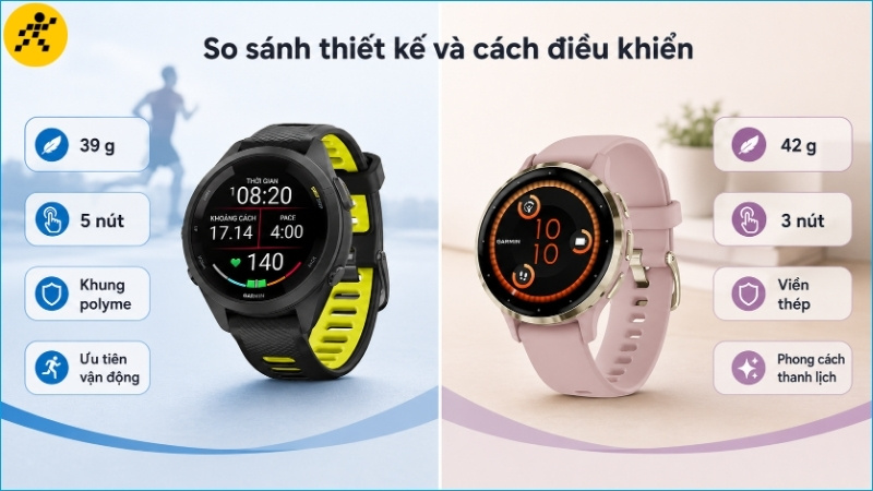 Forerunner 265S có mặt 41,7 mm, trong khi Venu 3S có mặt 41 mm và viền thép không gỉ Forerunner 265S có mặt 41,7 mm, trong khi Venu 3S có mặt 41 mm và viền thép không gỉ