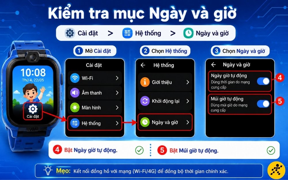 Chỉnh giờ trực tiếp trên đồng hồ ở mục Ngày và giờ trong Cài đặt Chỉnh giờ trực tiếp trên đồng hồ ở mục Ngày và giờ trong Cài đặt