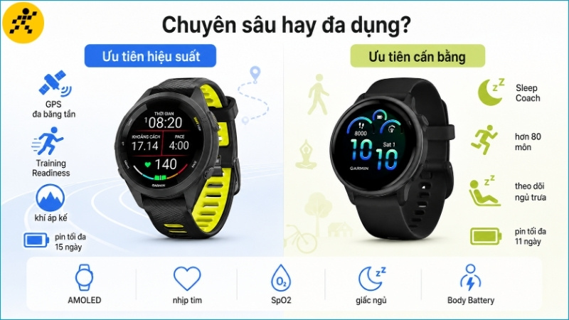 Forerunner 265S có Training Readiness và Triathlon, trong khi Vivoactive 6 có PacePro, Running Dynamics và chế độ xe lăn Forerunner 265S có Training Readiness và Triathlon, trong khi Vivoactive 6 có PacePro, Running Dynamics và chế độ xe lăn