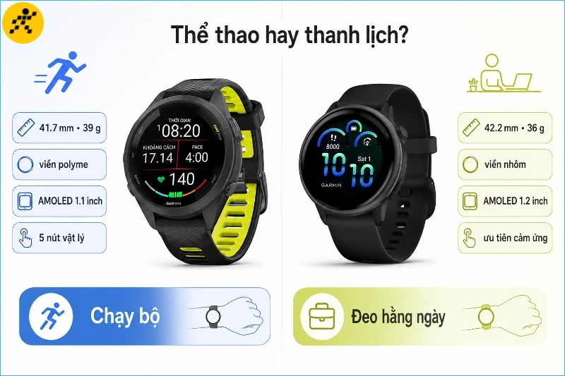 Chọn Forerunner 265S khi cần Triathlon và Training Readiness; chọn Vivoactive 6 khi cần Sleep Coaching, PacePro và chế độ xe lăn Chọn Forerunner 265S khi cần Triathlon và Training Readiness; chọn Vivoactive 6 khi cần Sleep Coaching, PacePro và chế độ xe lăn
